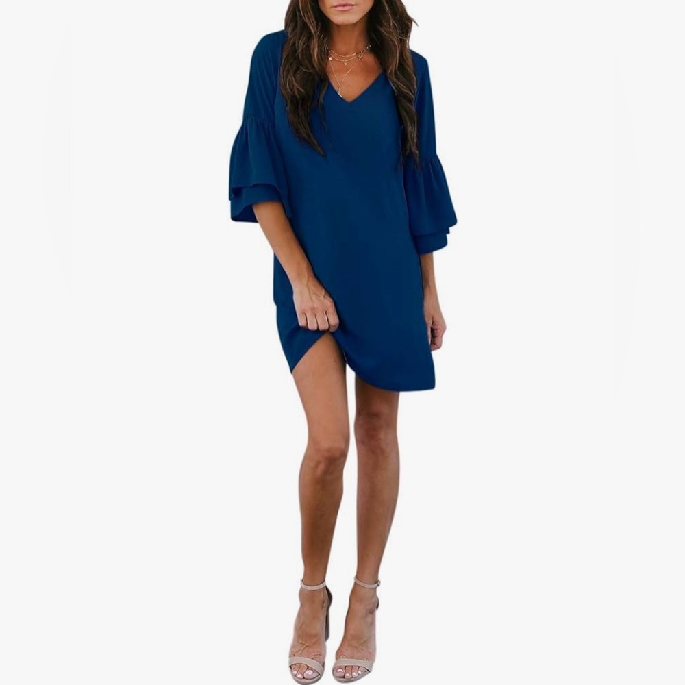 Women’s Dress Sweet & Cute V-Neck Bell Sleeve Shift Mini for Wedding, Graduation